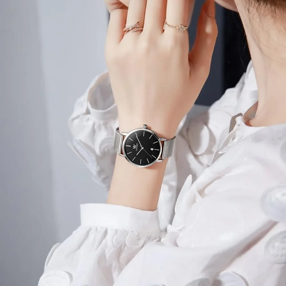 Women's Silver Black Watches for Ladies Female Wrist Watch Leather Band